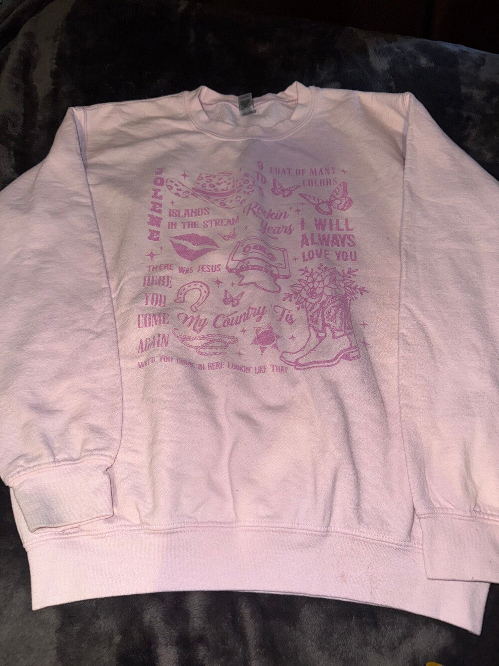 Pink sweater with Country Graphic Print Dolly Parton song titles size small